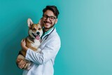 Paws and Smiles: A Smiling Veterinary Doctor Holds a Dog, Isolated on a Blue Pastel Background with Copy Space - A Portrait of Compassionate Canine Care and Professionalism.




