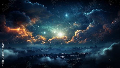 Mysterious night sky galaxy, nebula, star, moonlight, mountain peak generated by AI