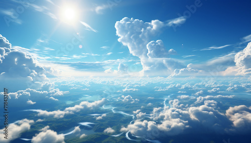Fluffy clouds fly high in the bright blue sky generated by AI