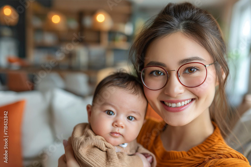Asian Mother and Her Baby in Arms, Smiling Woman with Glasses Inside Her Home, Mother's Day, Women's Day