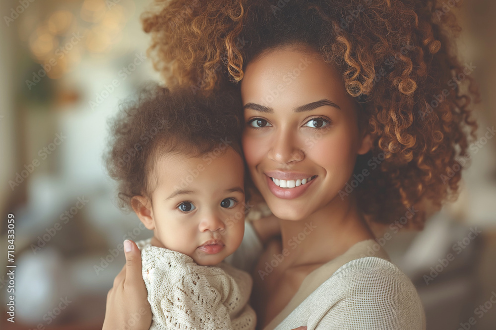 Afro-American Mother and Her Baby in Arms, Woman with Afro Hair and Her Happy Newborn Son Inside a Warm Home, Mother's Day, Women's Day Afro-American Mother and Her Baby in Arms, Woman with Afro Hair and Her Happy Newborn Son Inside a Warm Home, Mother's Day, Women's Day