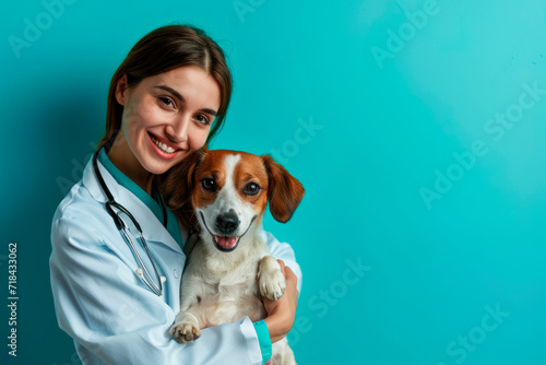 Canine Care: A Smiling Female Veterinary Doctor Holding a Dog, Isolated on a Blue Background - A Portrait of Professionalism and Compassionate Animal Healthcare.

