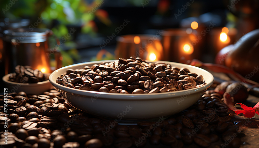 Freshly brewed coffee on a wooden table, a comforting aroma generated by AI