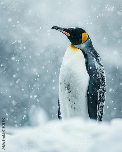 Portrait Penguin Emperor standing on ice in snow fall AI Generative