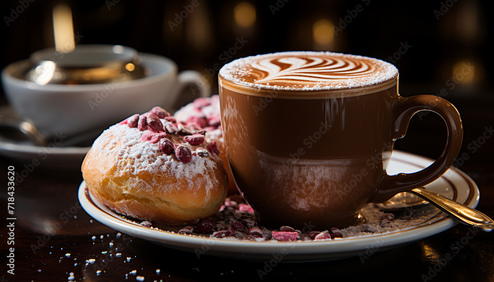 Freshly brewed coffee in a hot cup with frothy milk generated by AI Freshly brewed coffee in a hot cup with frothy milk generated by AI