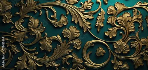 Golden floral pattern on a green background. Generative AI.