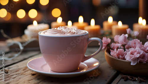 Hot drink on rustic table, coffee cup, candle, elegance generated by AI