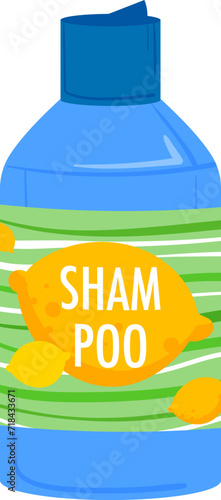 Blue shampoo bottle with green stripes and lemon design. Hair care product packaging with citrus fruit label vector illustration.