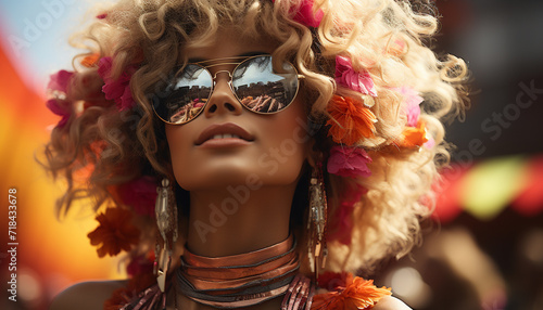 Young woman in sunglasses, smiling outdoors, enjoying summer generated by AI