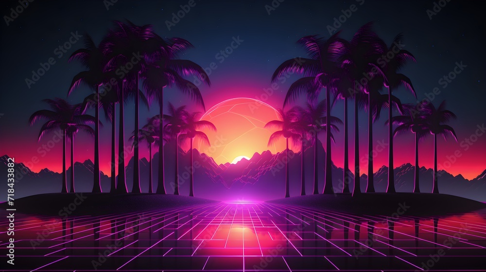 Vantablack, synthwave, palm trees, sun, outrun grid, futuresynth