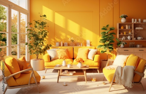 A bright yellow living room with orange furniture. Generative AI.