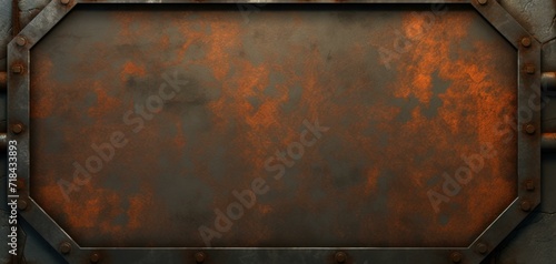 A rusty metal plate with rivets on it. Generative AI. photo
