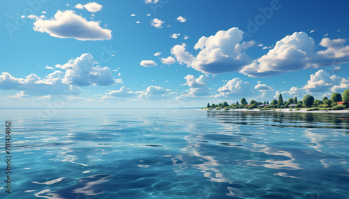 Bright blue sky reflects on tranquil water, creating a serene landscape generated by AI © Jeronimo Ramos