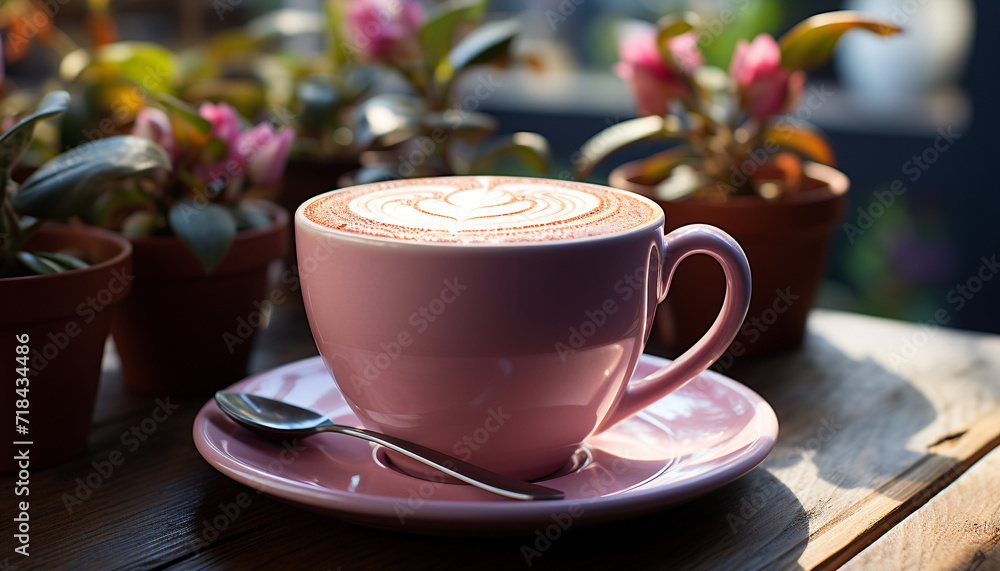 Fresh cappuccino on wooden table, a perfect coffee break generated by AI Fresh cappuccino on wooden table, a perfect coffee break generated by AI