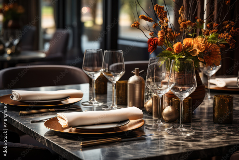 An elegantly set dining table in a hotel restaurant, complete with polished silverware and fine china. Concept of refined dining experience. Generative Ai.