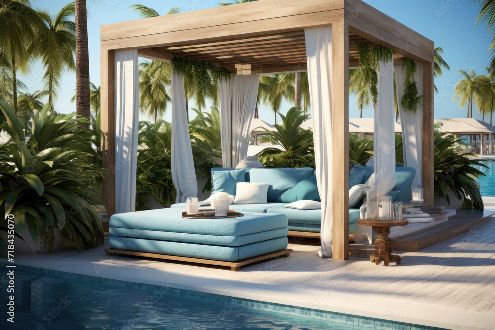Poolside cabanas with plush loungers and refreshing beverages, creating ... - Penthouses With Poolside Lounges And Cabanas