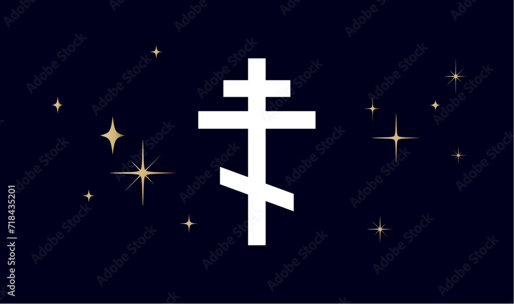 Christian religious cross. Symbol religion cross on dark background, shiny golden stars. White prayer cross sign, religious symbol, golden stars, black background christian faith. Vector Illustration