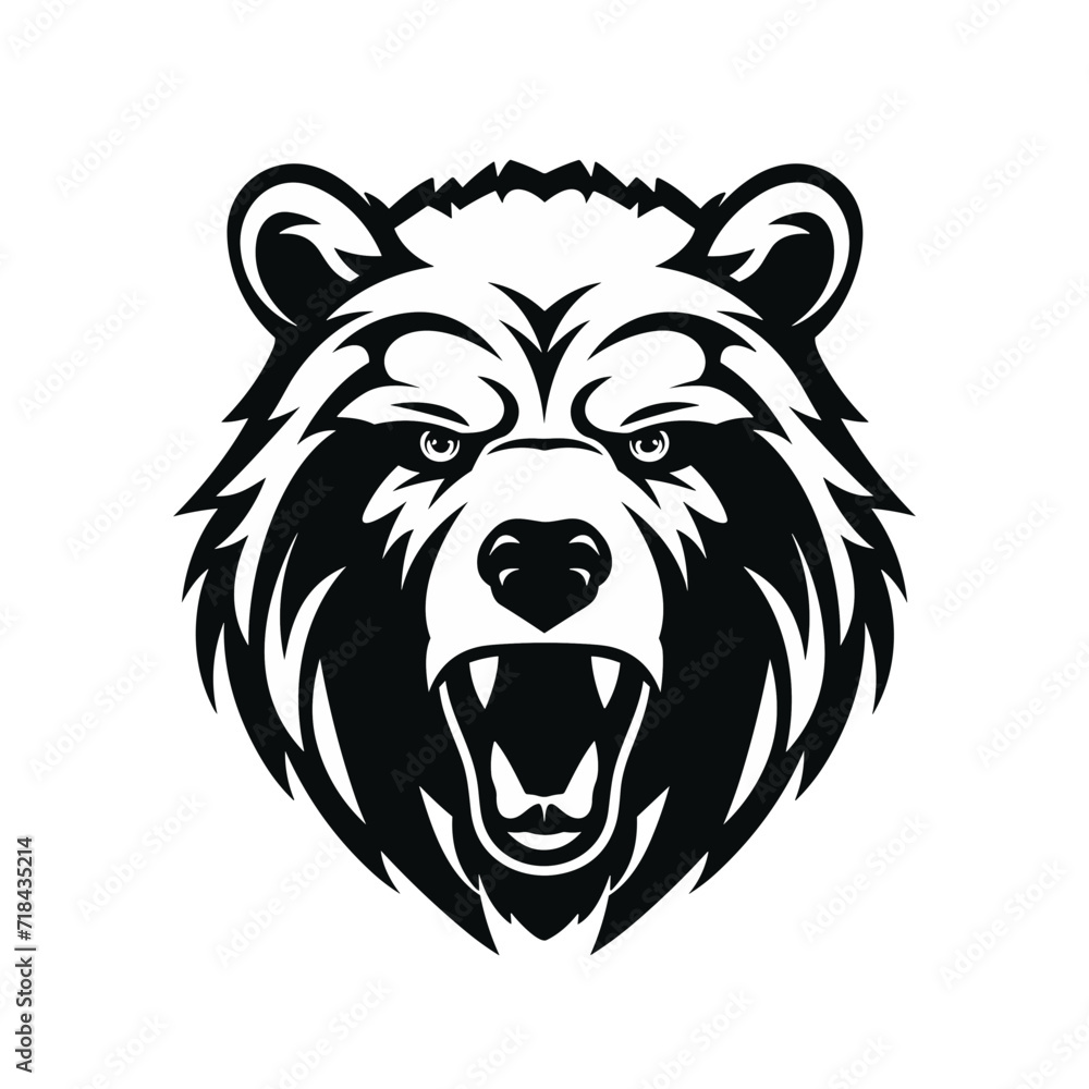 head of an angry bear logo black and white silhouette - obrazy, fototapety, plakaty 