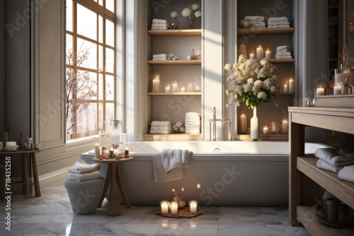 A luxurious bathroom with a deep soaking tub, plush robes, and premium toiletries, providing a spa-like experience. Concept of opulent bathing amenities. Generative Ai. photo