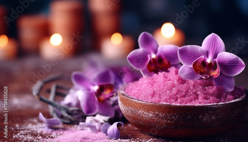 Aromatherapy candle and orchid create a relaxing spa treatment ambiance generated by AI photo