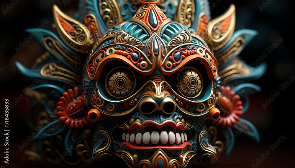 Indigenous cultures celebrate spirituality with ancient, ornate, multi colored masks generated by AI