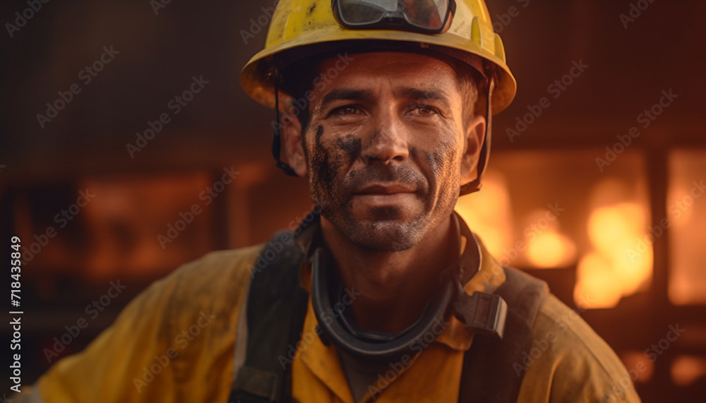 A confident construction worker in a yellow hardhat smiling at camera generated by AI A confident construction worker in a yellow hardhat smiling at camera generated by AI