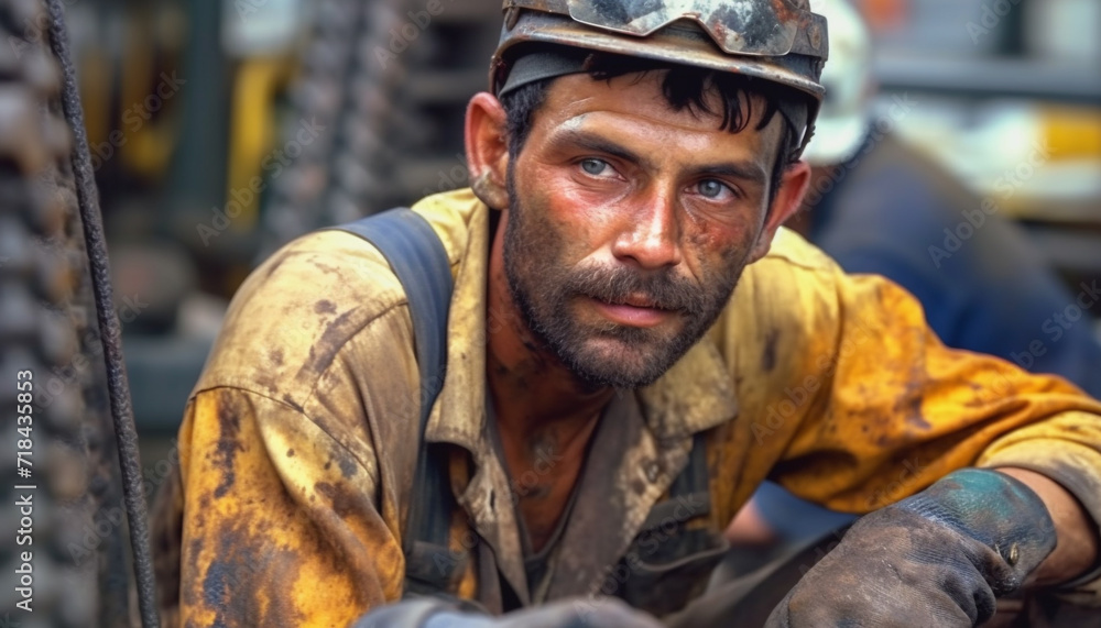 Confident Caucasian construction worker in hardhat, looking at camera generated by AI Confident Caucasian construction worker in hardhat, looking at camera generated by AI