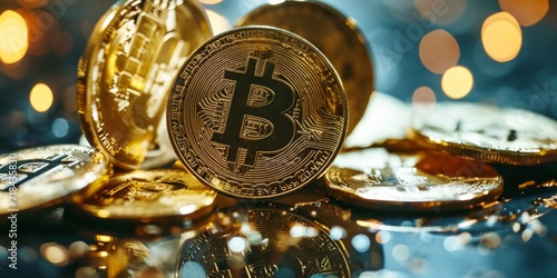 Golden bitcoin on a gold background with bokeh. Cryptocurrency concept.