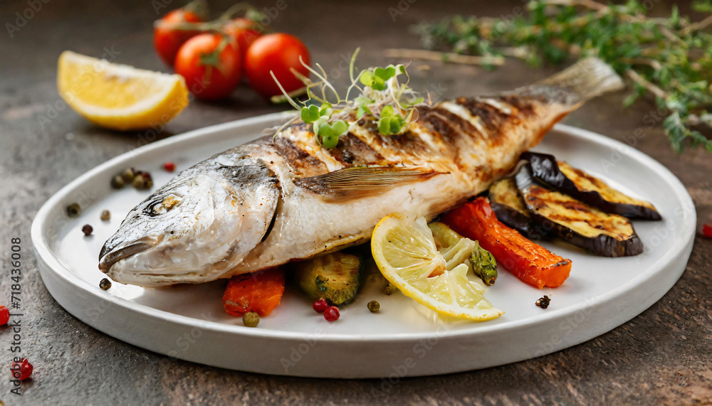 Grilled fish with vegetables and lemon. Grilled fish with vegetables and lemon.