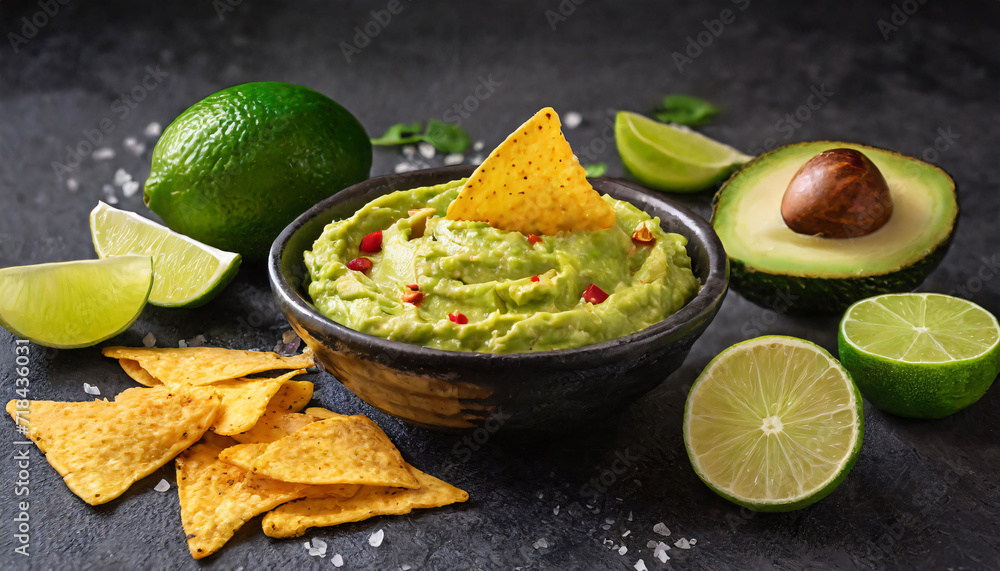 Nachos and guacamole with tortilla chips lime and salsa Nachos and guacamole with tortilla chips lime and salsa