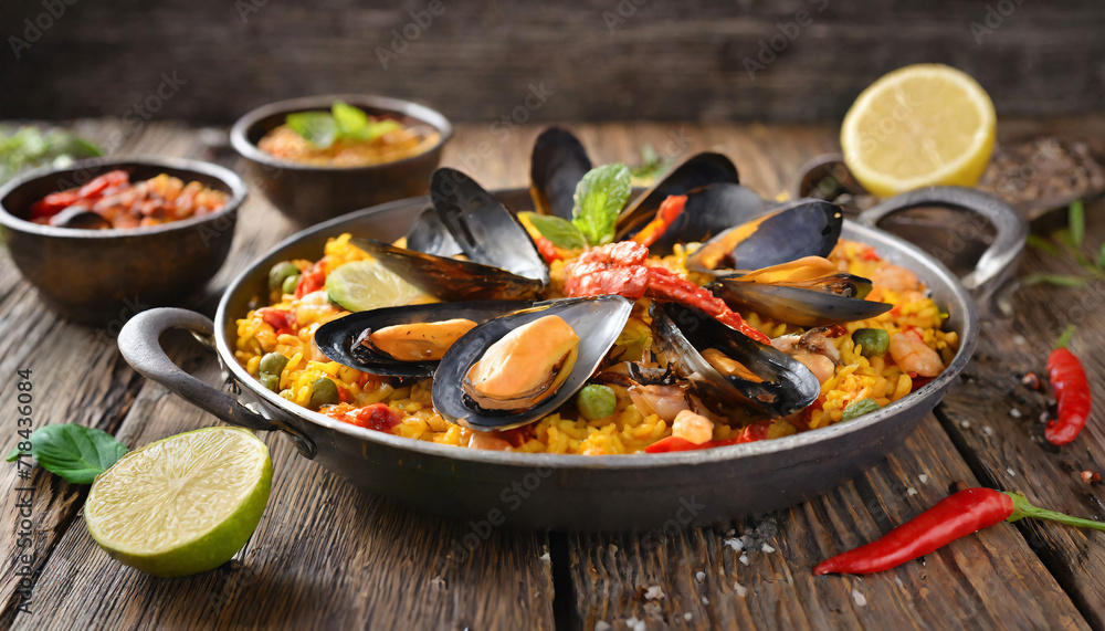 Spanish seafood Paella dish with mussels and shrimp