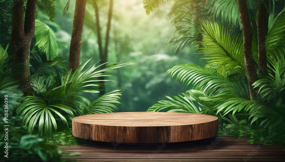Wooden podium in tropical forest for product presentation, green background. 