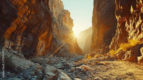 Landscape view of a rocky canyon with warm light illuminating the texture of the rocks at sunrise