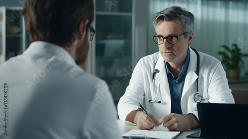 A professional physician in a white medical uniform talks to discuss results or symptoms and gives a recommendation to a male patient and signs a medical paper at an appointment visit in the clinic
