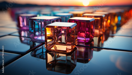 Reflection of sunset on water, table by pool generated by AI