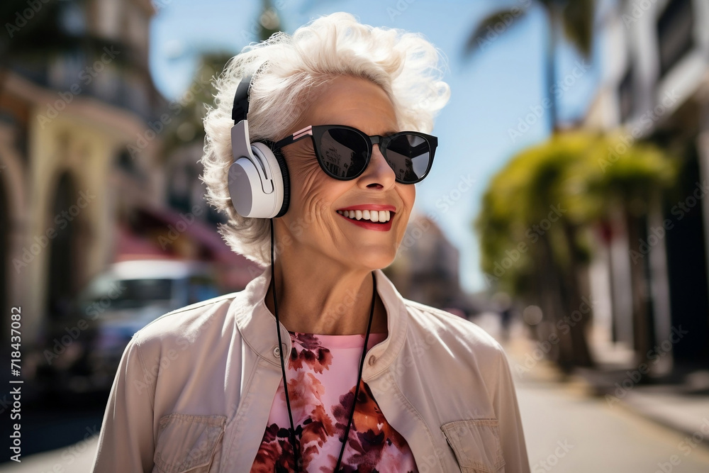 Smiling old woman with earphones and sunglasses on city street.