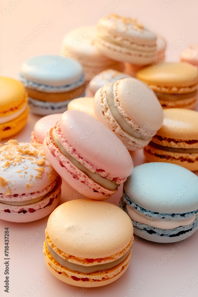 Photo of beautiful multicolored macarons, many fillings, on a light pink background. Photo of beautiful multicolored macarons, many fillings, on a light pink background.