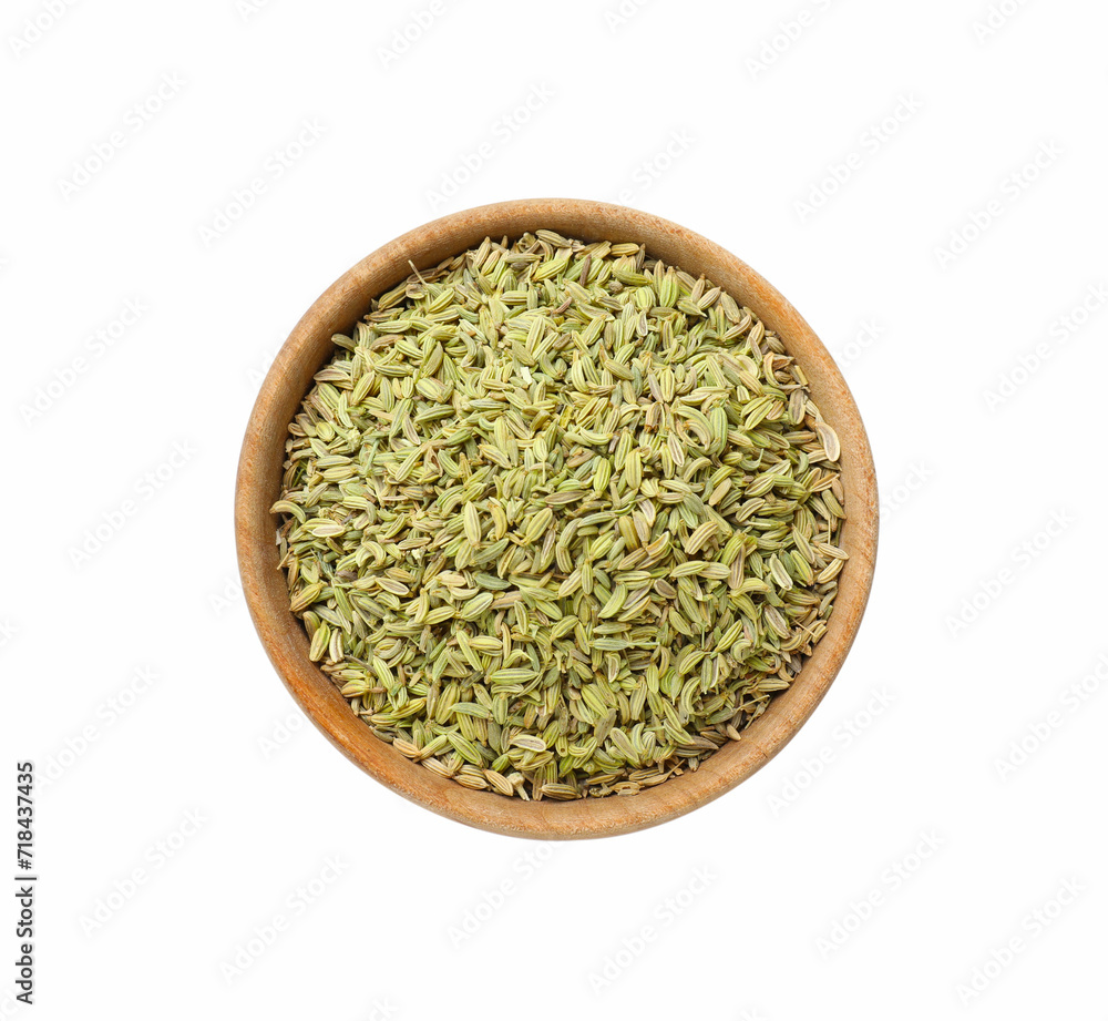 Fennel seeds in bowl isolated on white, top view Fennel seeds in bowl isolated on white, top view