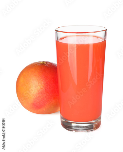 Tasty grapefruit juice in glass and fresh fruit isolated on white