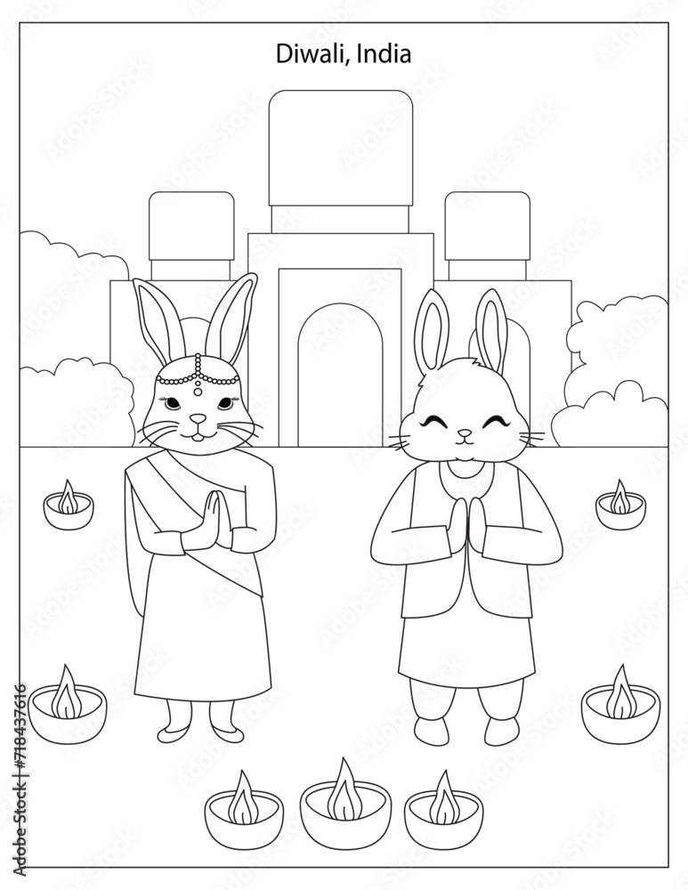 Diwali Holiday Celebration in India with cute rabbits coloring page for ...