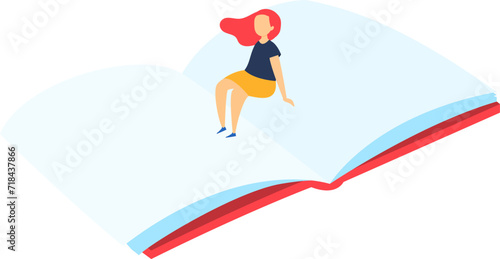 Young woman with red hair sits on an open book. Casual clothing, learning concept. Imaginative reading and education vector illustration.