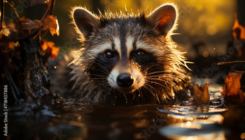 Cute raccoon looking at camera in forest generated by AI
