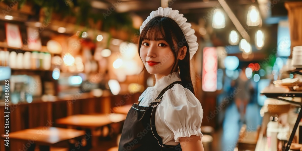 Obraz premium Portrait of asian japanese maid in uniform standing in restaurant