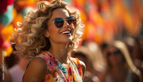 Smiling woman enjoys cheerful summer outdoors with sunglasses generated by AI