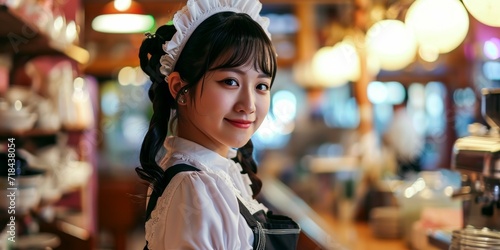 Portrait of asian japanese maid in uniform standing in restaurant © YuDwi Studio