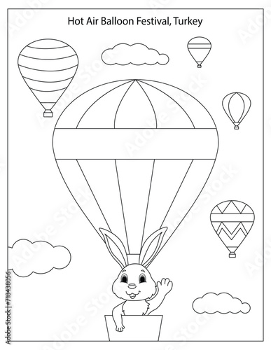 Fototapeta Naklejka Na Ścianę i Meble -  Hot Air Balloon Festival Celebration in Turkey with cute rabbit coloring page for kids
