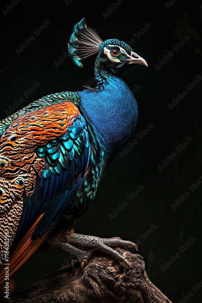 Obraz premium Peacock on small root isolated on black AI Generative