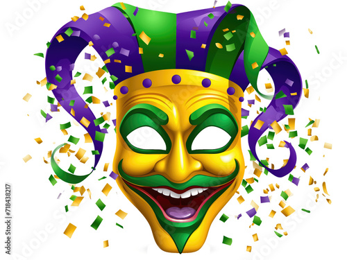 Ilustração com fundo transparente de máscara de carnaval, com as cores brasileiras verde e amarelo photo