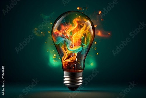 Eureka moment of creative inspiration concept with liquid paint merging into a colorful lightbulb on dark green background