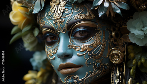 Elegant woman in gold mask embodies cultural celebration generated by AI
